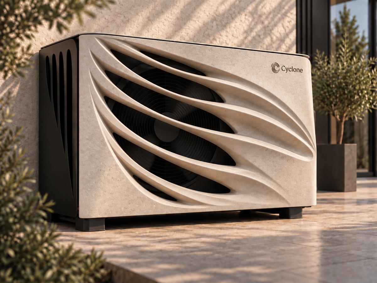 Recovered FLOW V1 design visual: a light stone-like sculptural enclosure with flowing front openings around an outdoor fan unit
